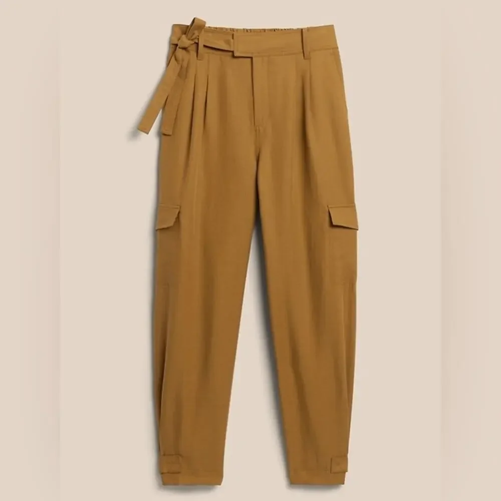 Banana Republic Tencel-Linen Cargo Pant tie waist bronze burnt yellow